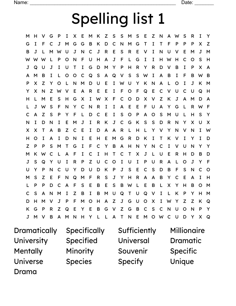 Spelling list 1 Word Search