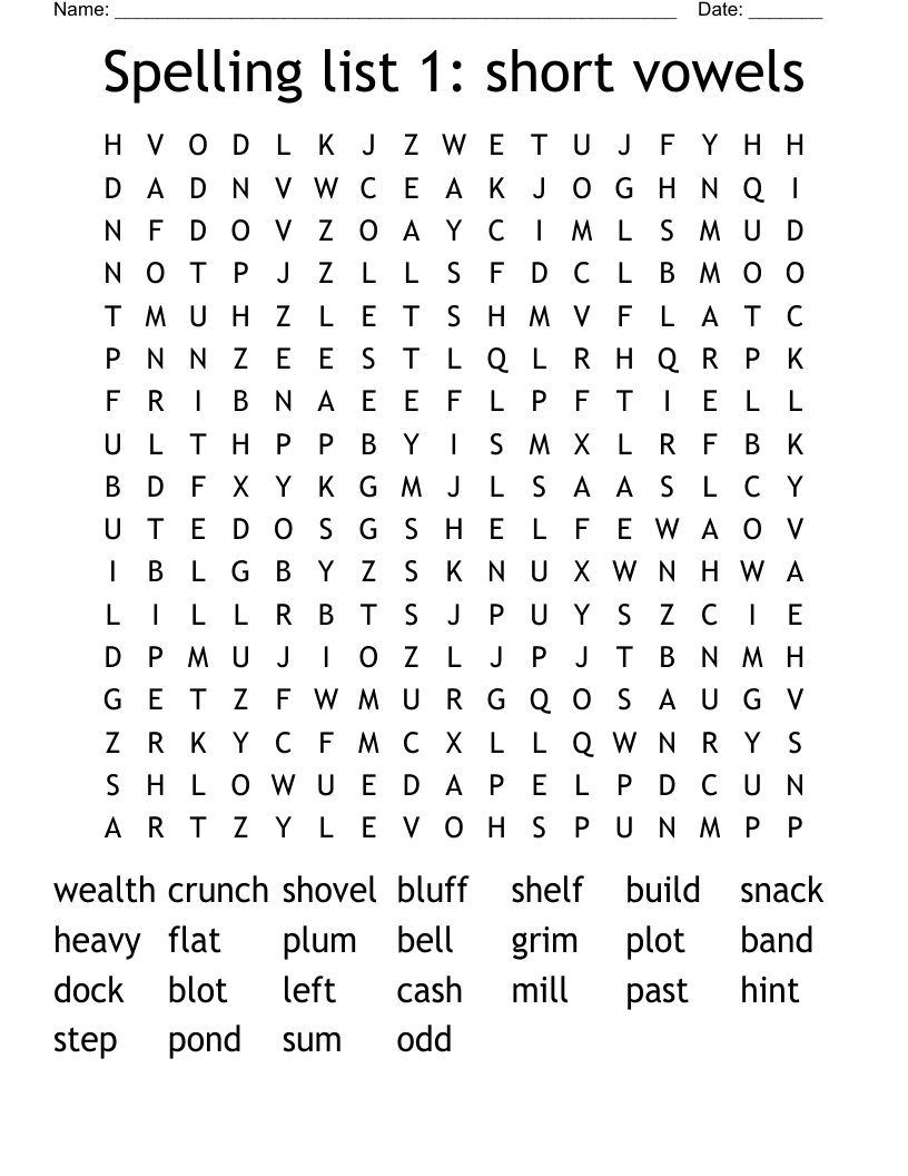 Spelling list 1: short vowels Word Search