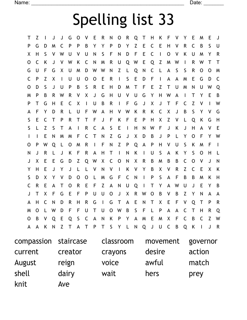 Spelling list 33 Word Search