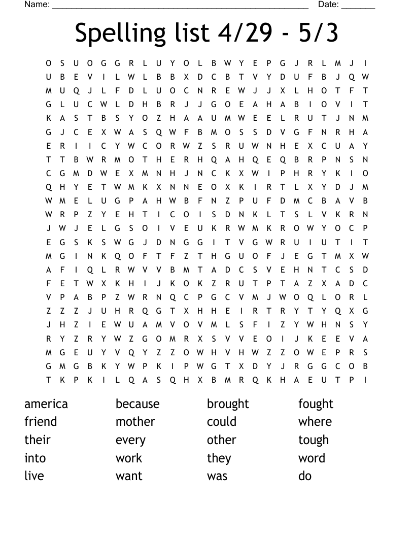 Spelling list 4/29 - 5/3 Word Search