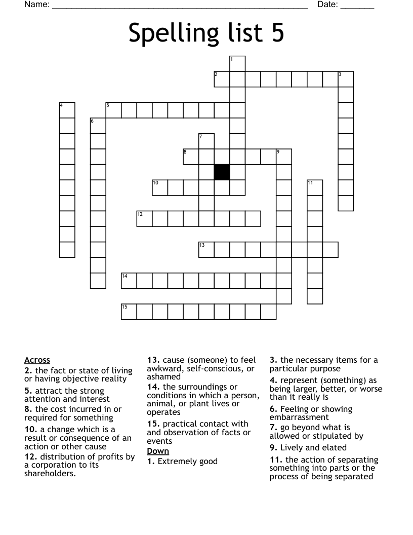 Spelling list 5  Crossword