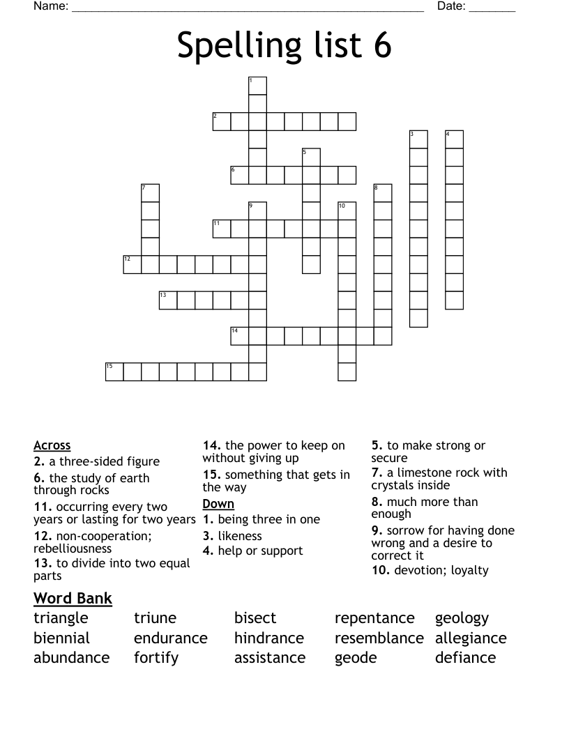 Spelling list 6 Crossword