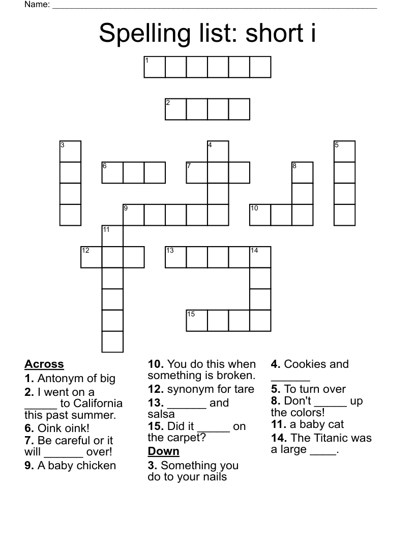 Spelling list: short i Crossword