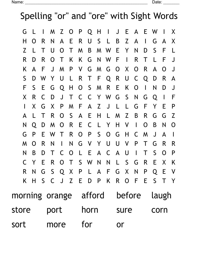 Spelling "or" and "ore" with Sight Words Word Search