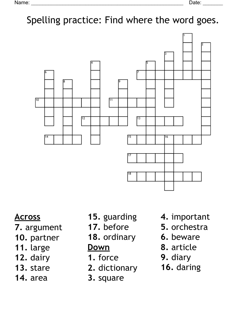 Spelling practice: Find where the word goes.  Crossword