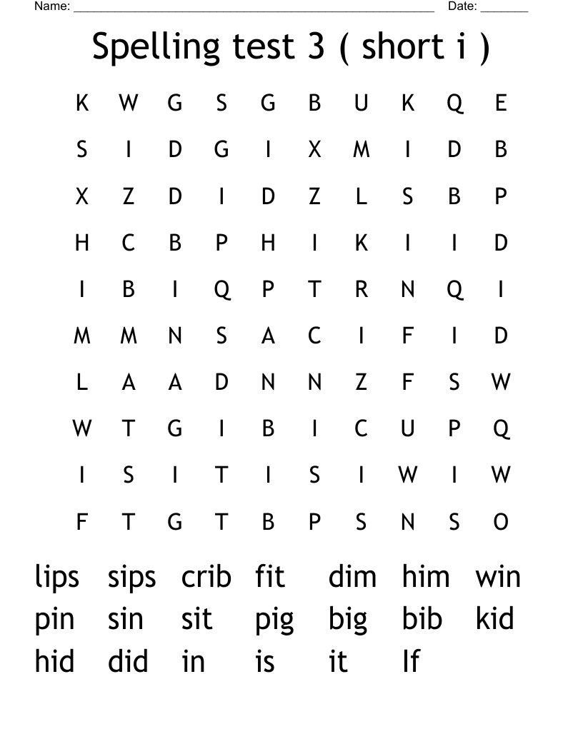 Spelling test 3 ( short i ) Word Search