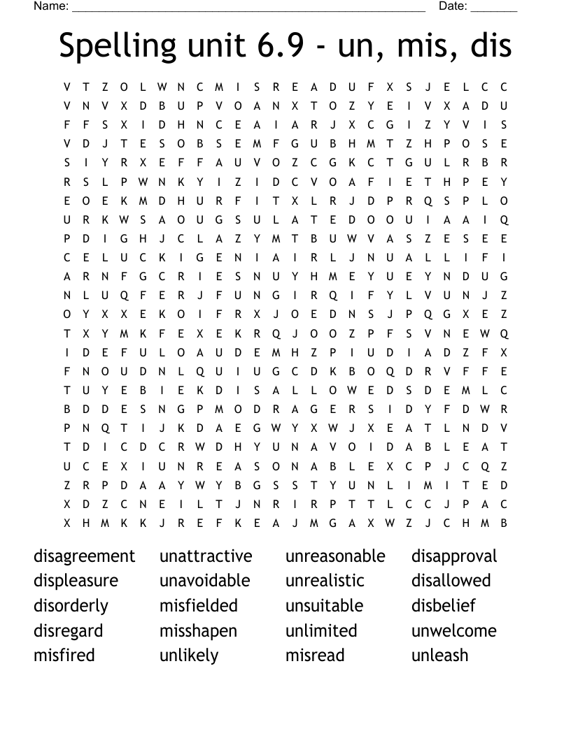 Spelling unit 6.9 - un, mis, dis Word Search