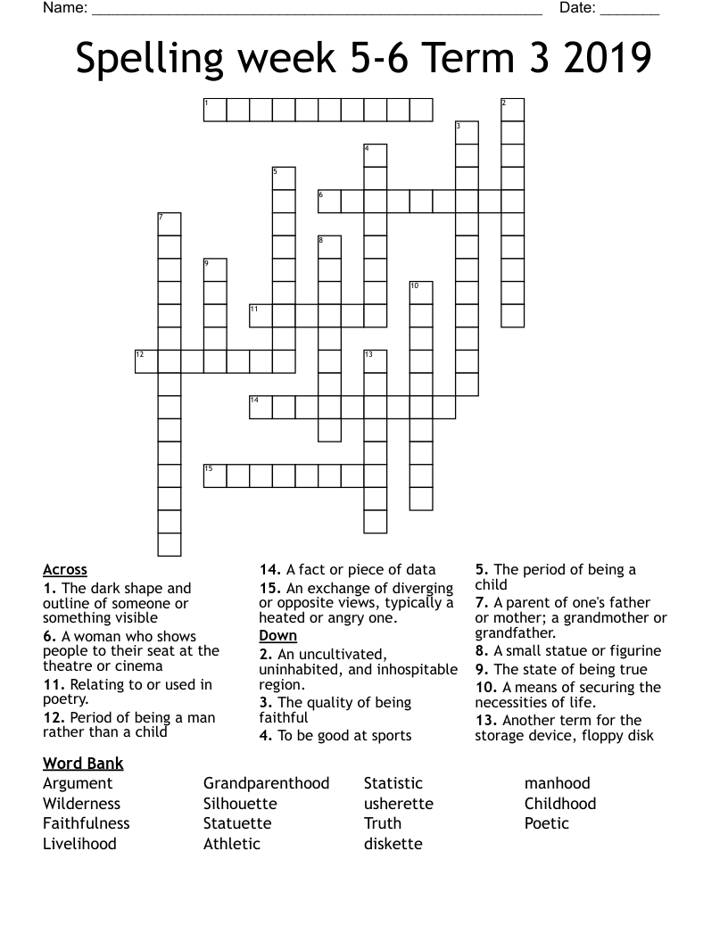 Spelling week 5-6 Term 3 2019 Crossword