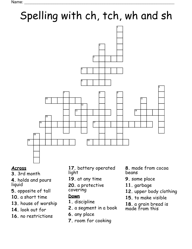 Spelling with ch, tch, wh and sh Crossword