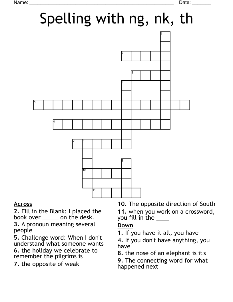 Spelling with ng, nk, th Crossword