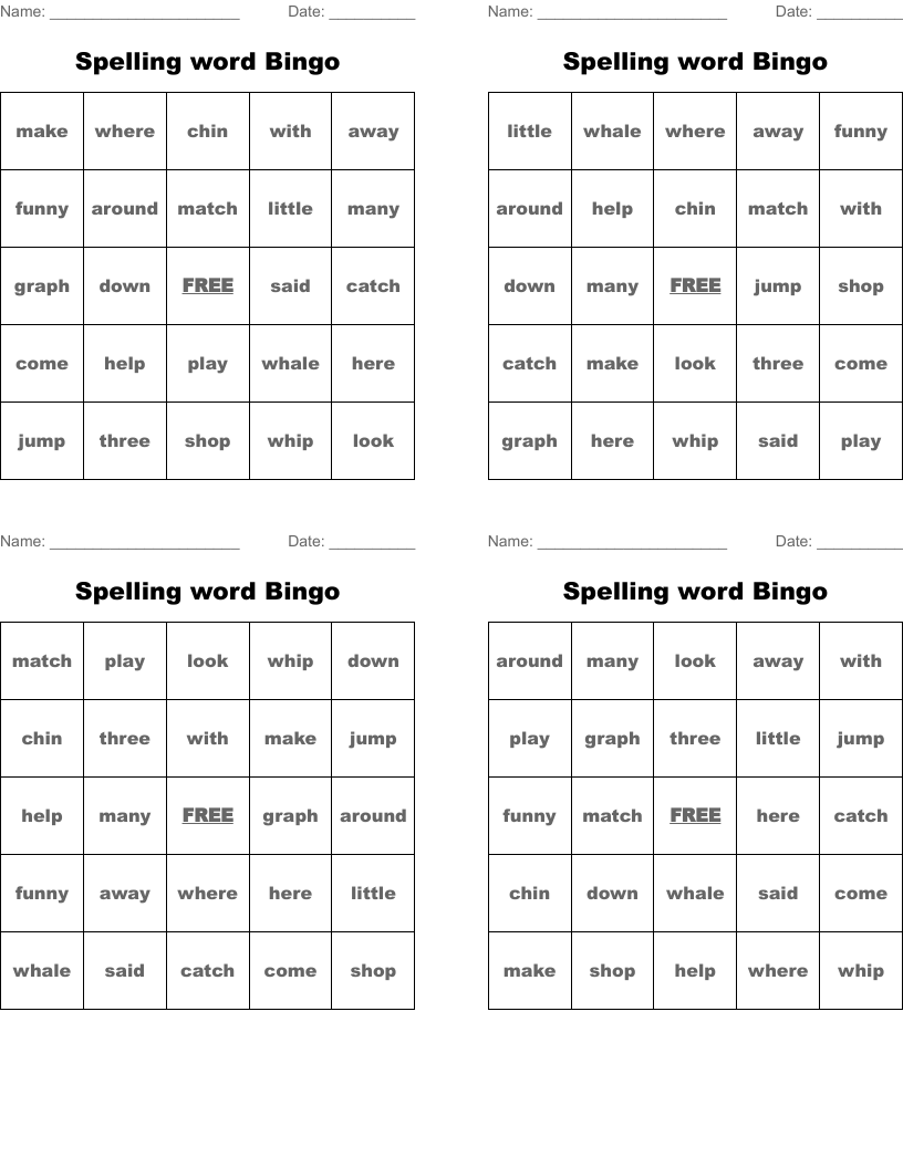 Spelling word Bingo