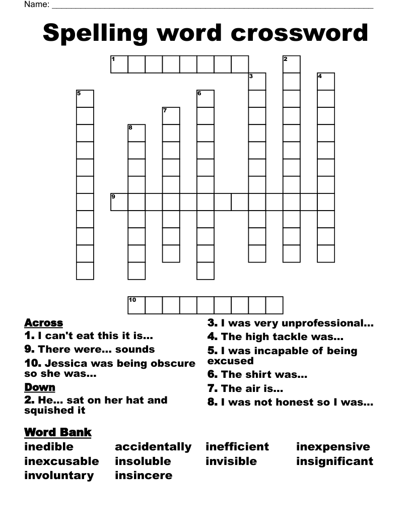 Spelling word crossword