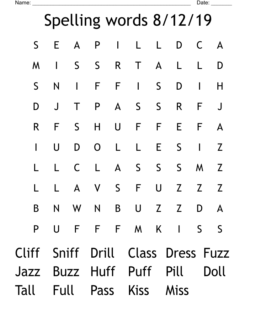 Spelling words 8/12/19 Word Search