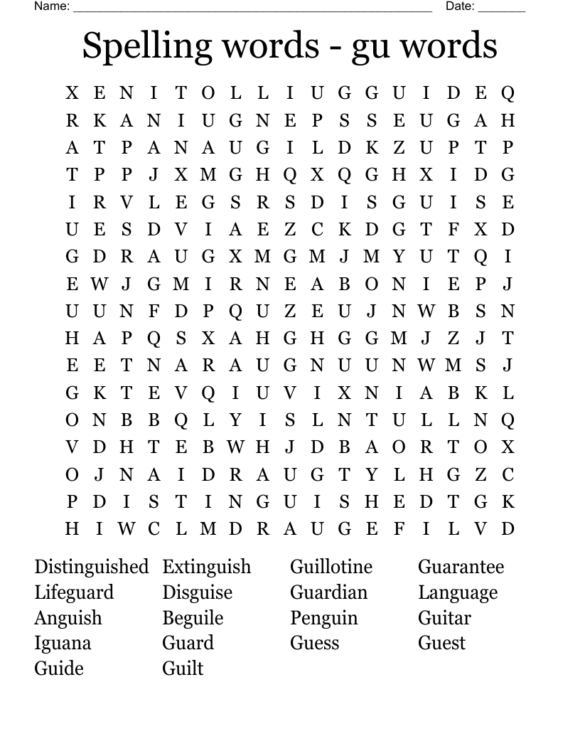 Spelling words - gu words Word Search