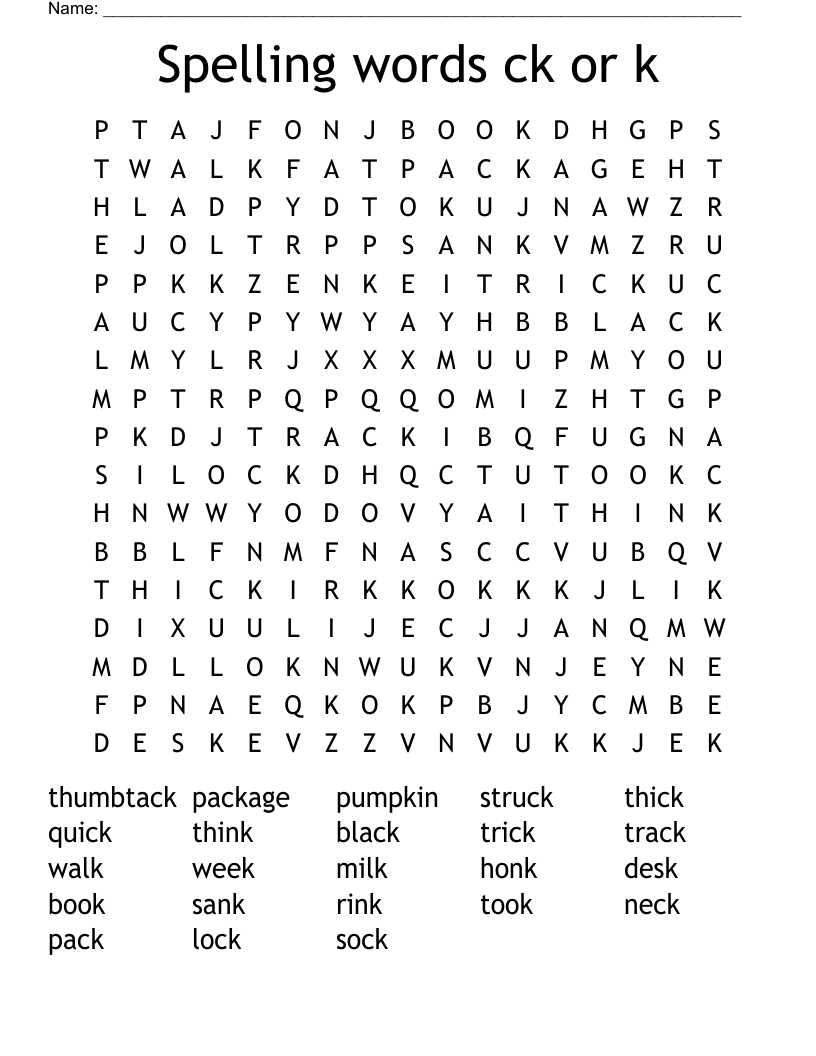 Spelling words ck or k Word Search