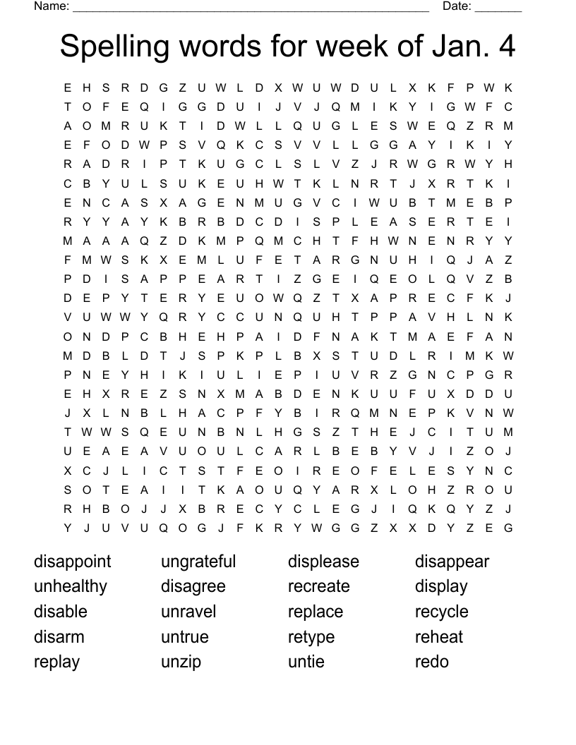 Spelling words for week of Jan. 4 Word Search