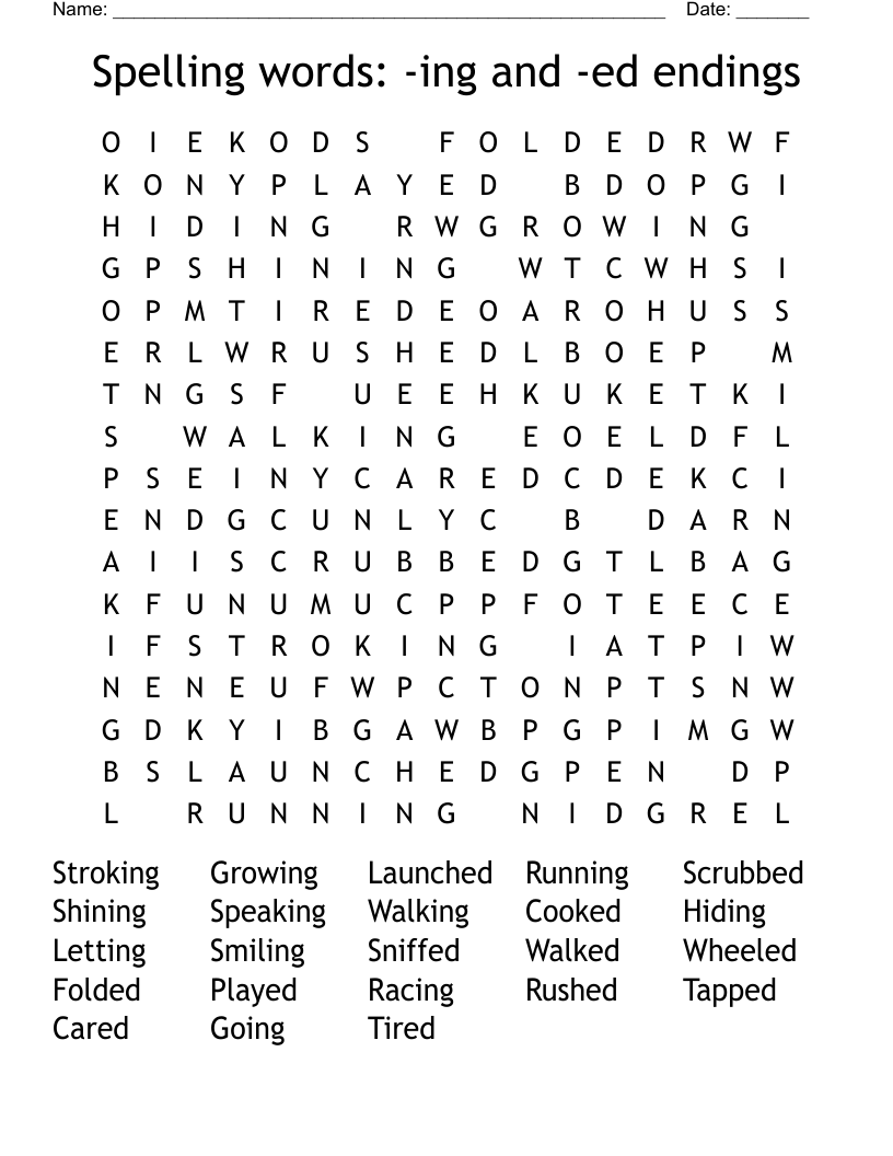 Spelling words: -ing and -ed endings Word Search