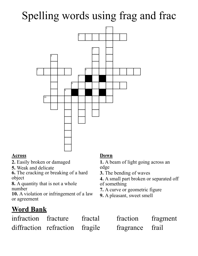 Spelling words using frag and frac  Crossword