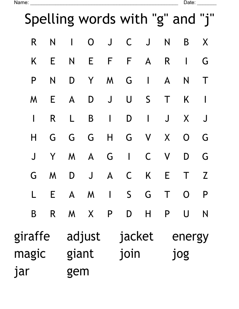 Spelling words with "g" and "j" Word Search