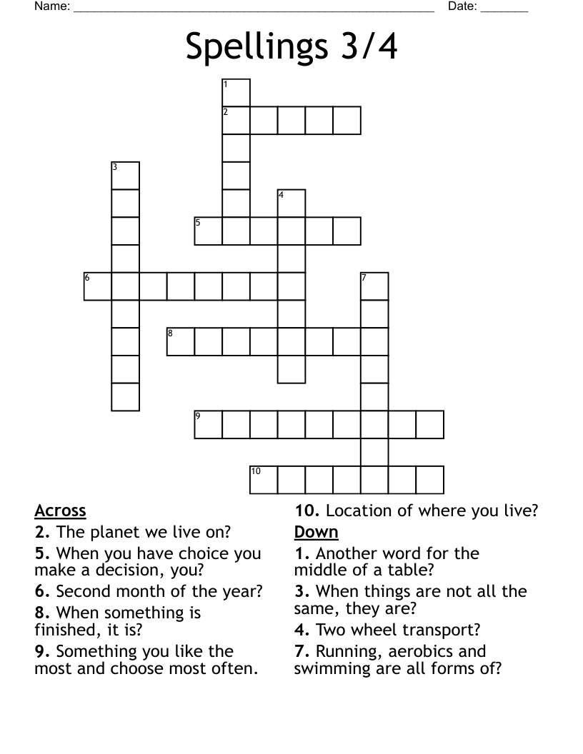 Spellings 3/4 Crossword