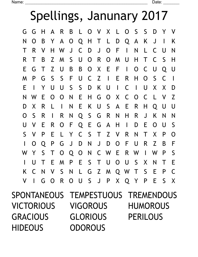 Spellings, Janunary 2017 Word Search
