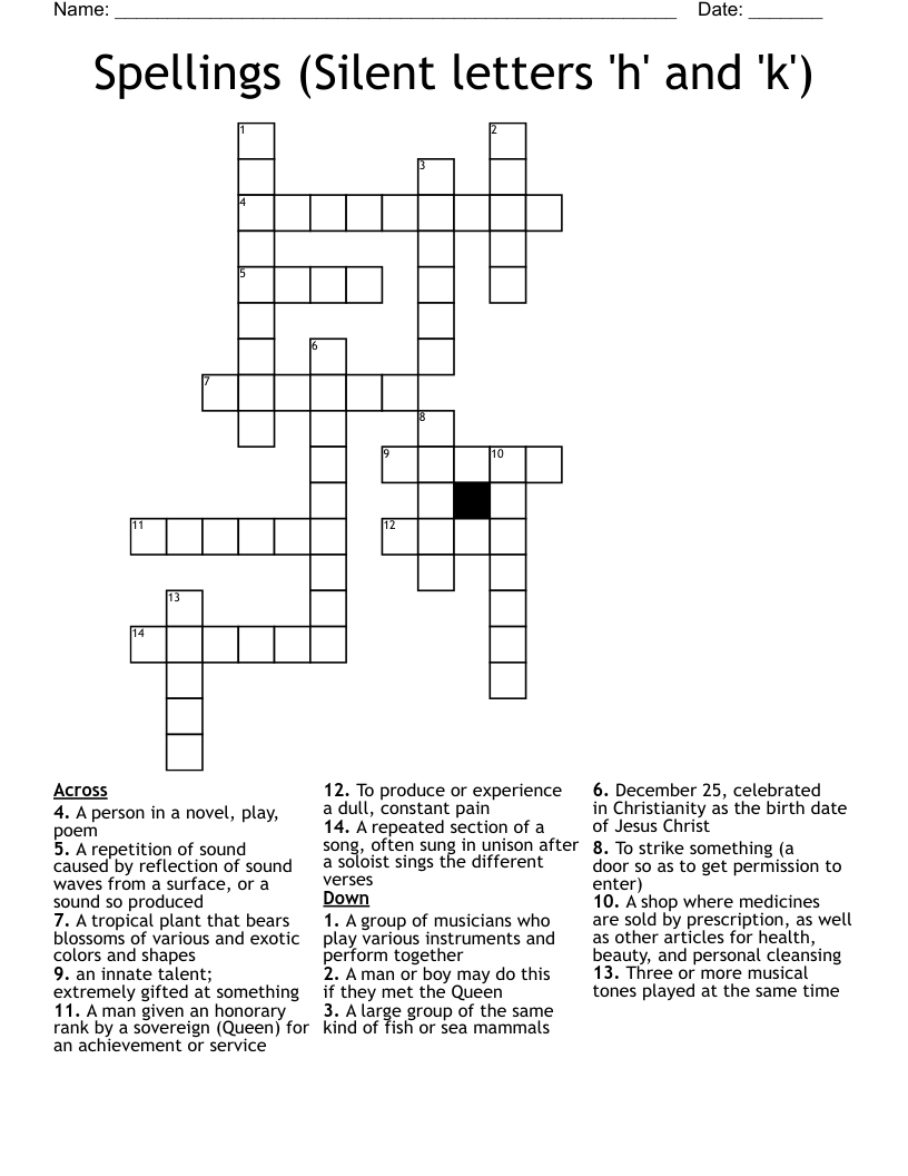 Spellings (Silent letters 'h' and 'k') Crossword