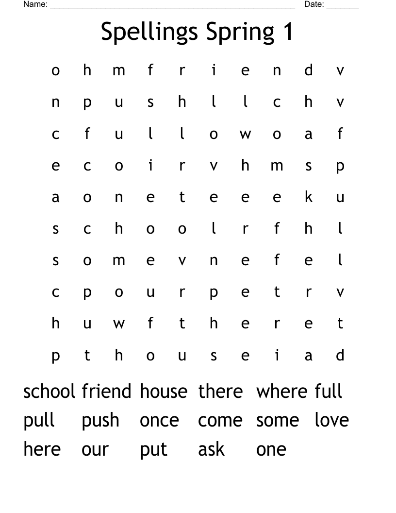 Spellings Spring 1 Word Search