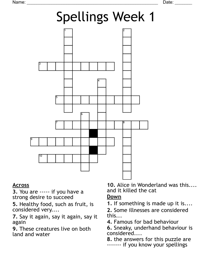 Spellings Week 1 Crossword