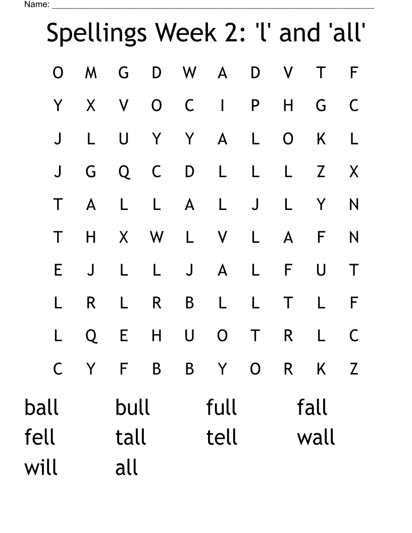 Spellings Week 2: 'l' and 'all'  Word Search
