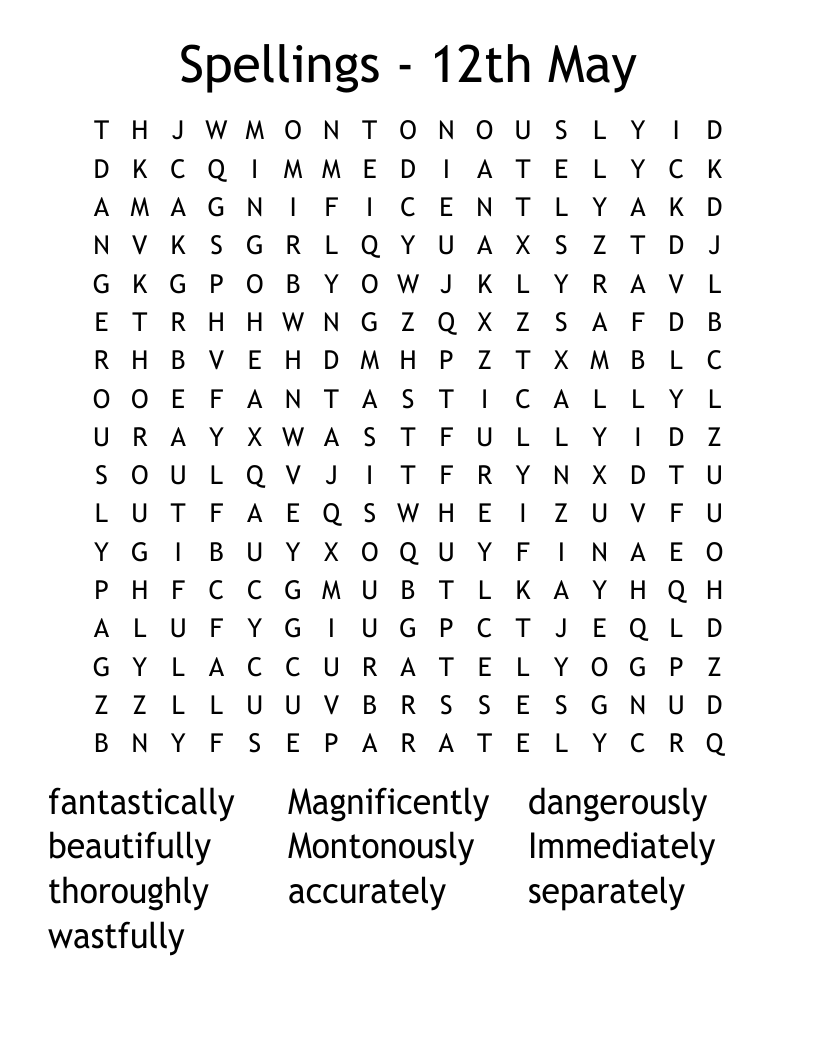 Spellings - 12th May Word Search