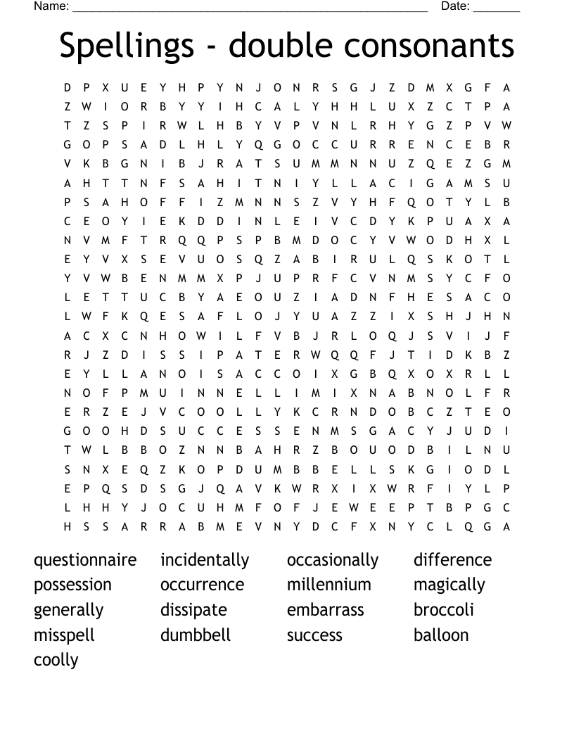 Spellings - double consonants Word Search