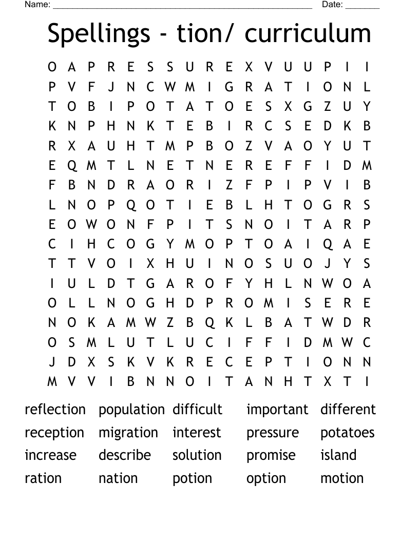 Spellings - tion/ curriculum Word Search