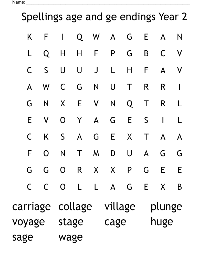 Spellings age and ge endings Year 2 Word Search