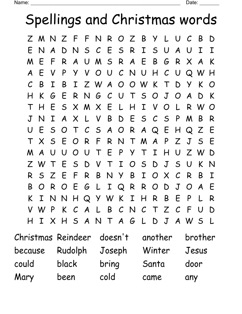 Spellings and Christmas words Word Search