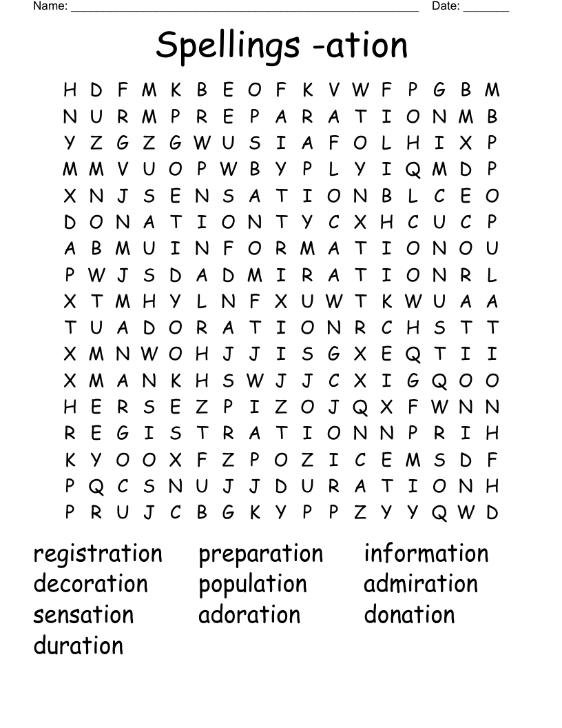 Spellings -ation Word Search