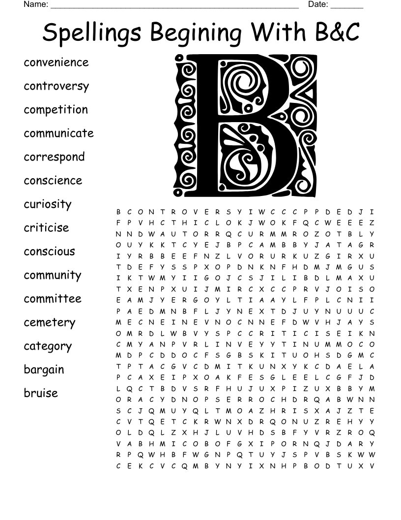 Spellings Begining With B&C Word Search