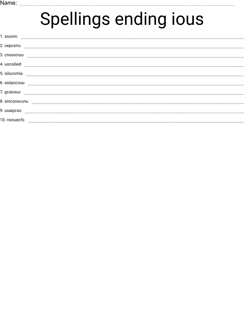 Spellings ending ious Word Scramble