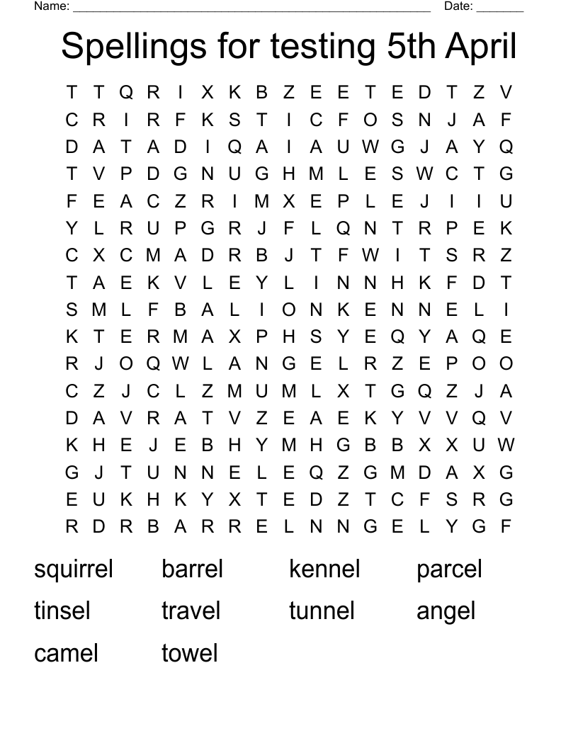 Spellings for testing 5th April Word Search
