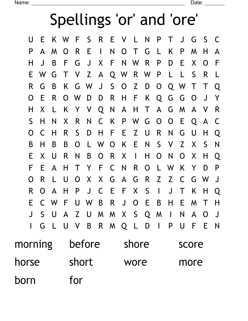 Spellings 'or' and 'ore' Word Search