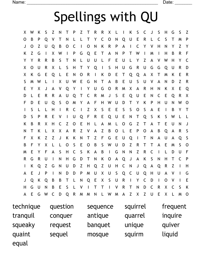 Spellings with QU Word Search
