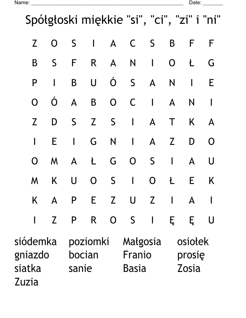 Spółgłoski miękkie "si", "ci", "zi" i "ni" Word Search