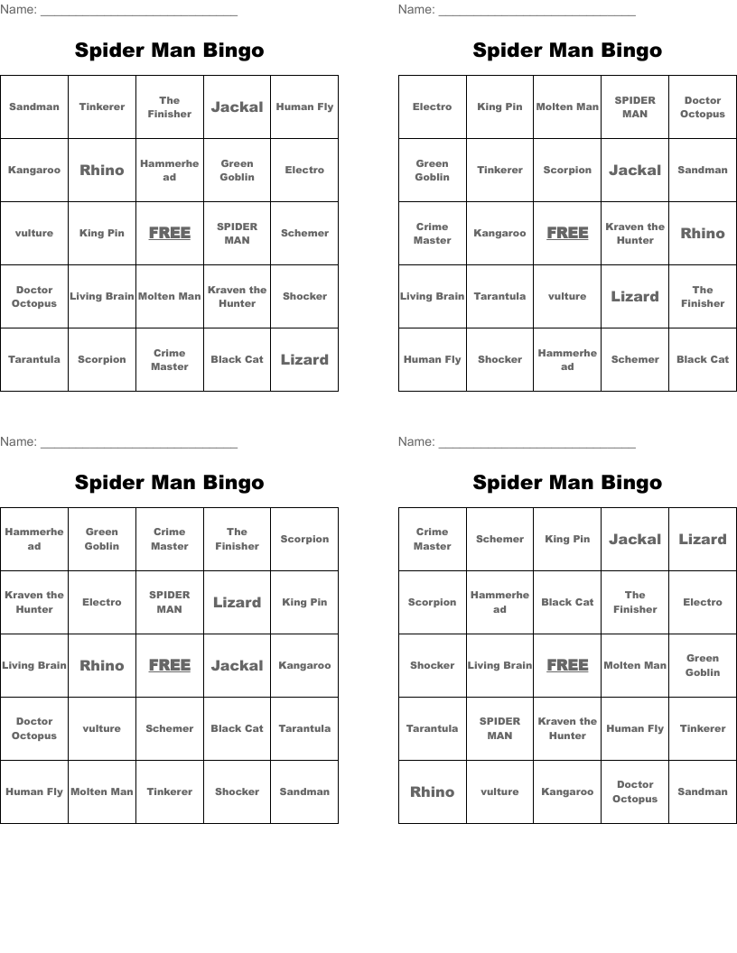 Spider Man Bingo