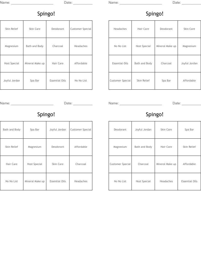 Spingo! Bingo Cards