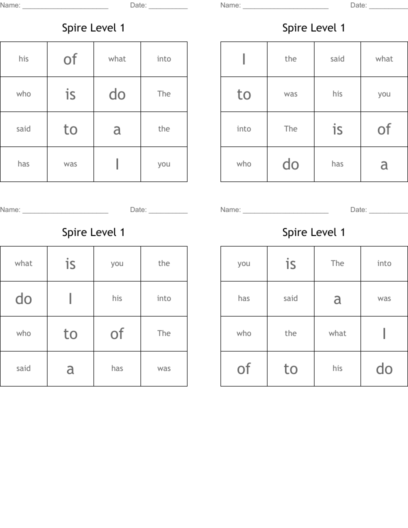 Spire Level 1 Bingo Cards