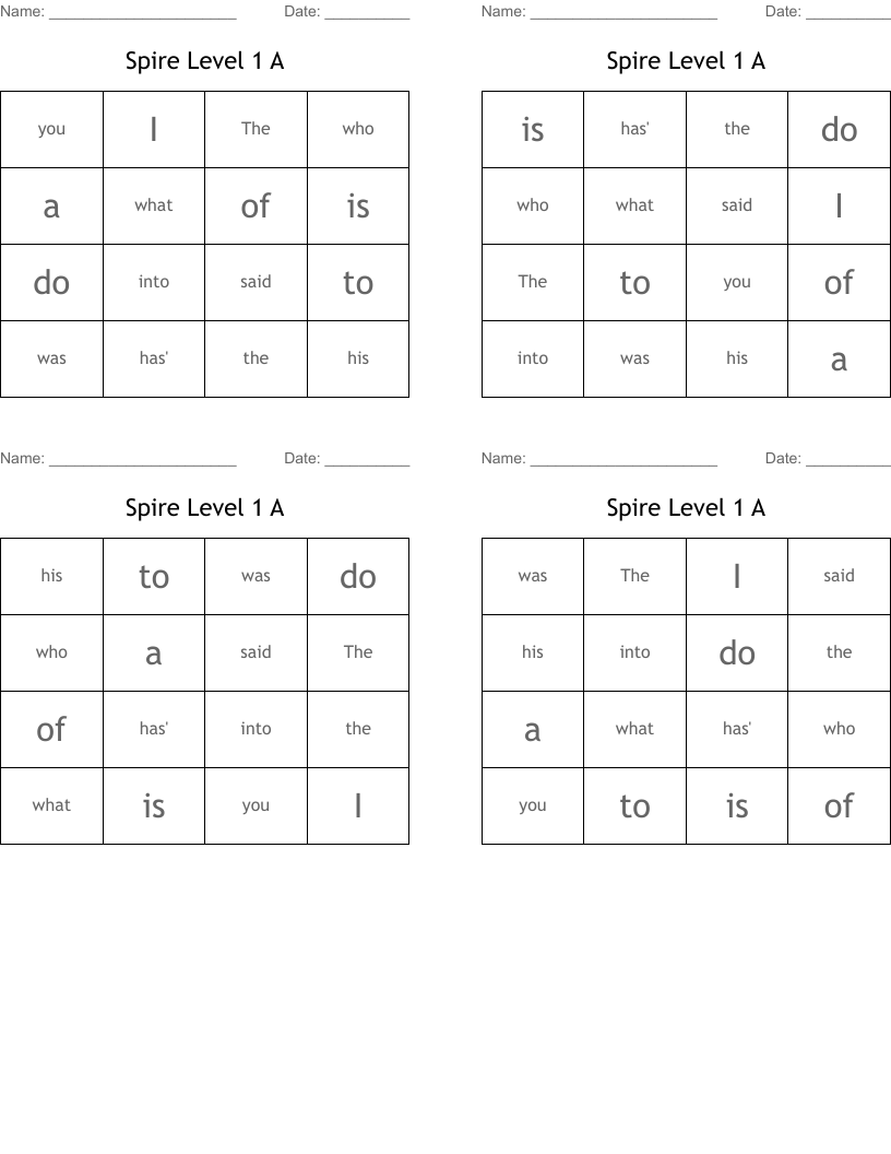 Spire Level 1 A Bingo Cards