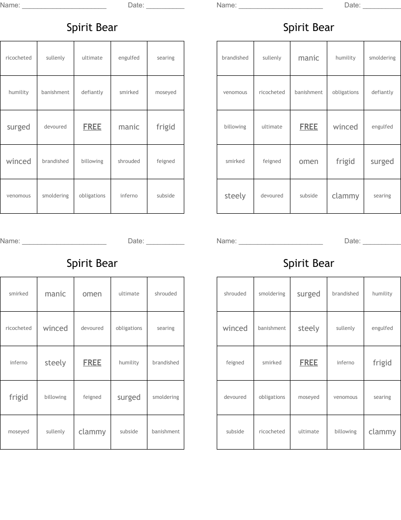 Spirit Bear Bingo Cards