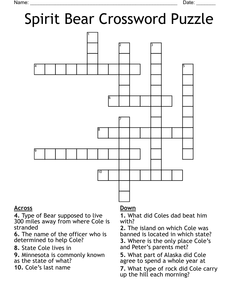 Spirit Bear Crossword Puzzle