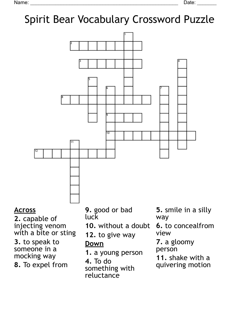 Spirit Bear Vocabulary Crossword Puzzle