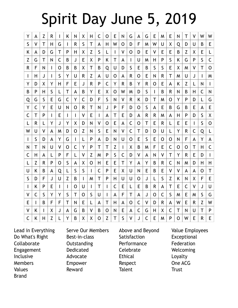 Spirit Day June 5, 2019 Word Search