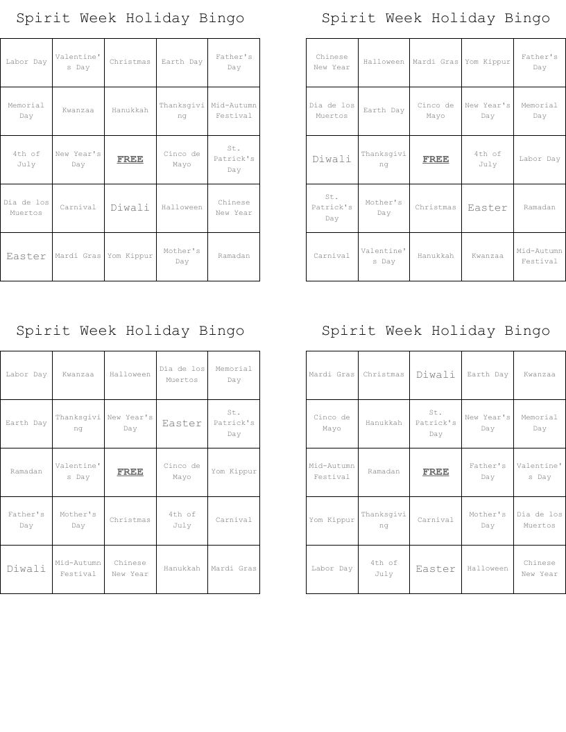 Spirit Week Holiday Bingo